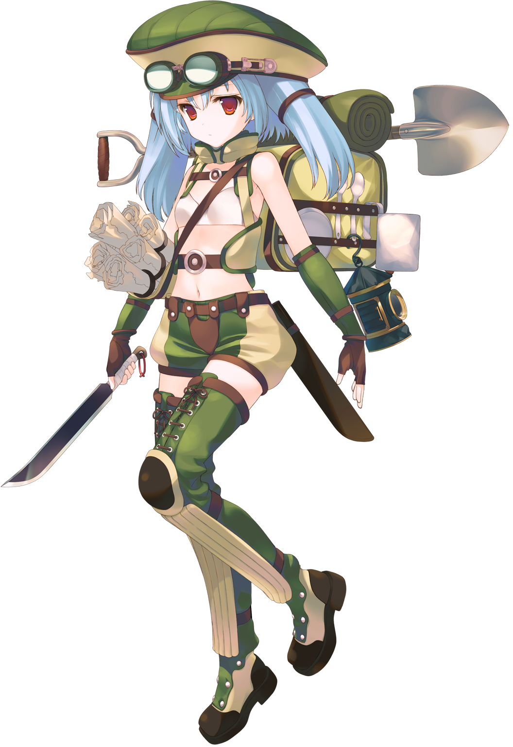 1girl aquaplus backpack bag blue_hair boots bou dungeon_travelers_2 fingerless_gloves full_body gloves hat highres holding holding_weapon knife long_hair midriff navel red_eyes shorts shovel thigh-highs thigh_boots transparent_background tsurara_(dungeon_travelers_2) weapon worktool