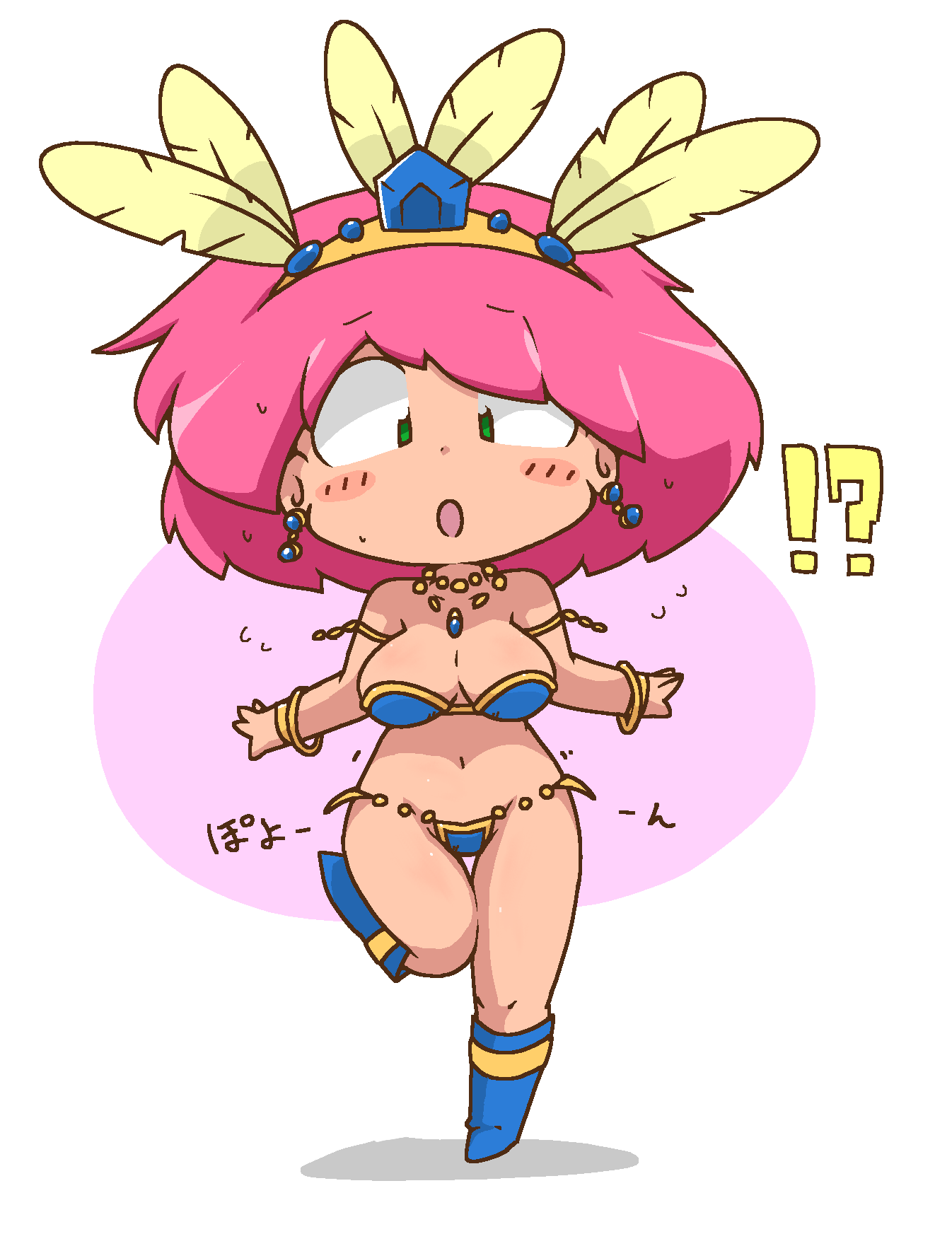 !? 1girl :o bikini blush blush_stickers breasts chibi cleavage dancer final_fantasy final_fantasy_v green_eyes highres jewelry kuto_tubuyaki large_breasts lenna_charlotte_tycoon midriff navel open_mouth pink_hair short_hair solo standing standing_on_one_leg surprised