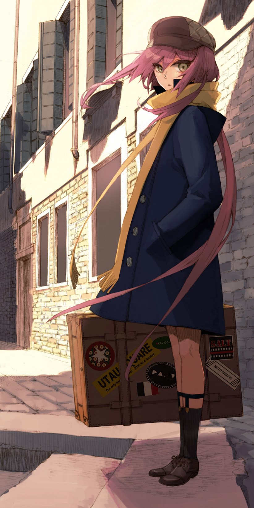 1girl :&lt; bangs black_legwear black_shoes blue_coat brick_wall building buttons copyright_name cross-laced_footwear door flag_print full_body green_eyes hair_between_eyes hand_in_pocket hat highres kneehighs legs_together long_hair long_sleeves looking_at_viewer natsuiro outdoors parted_lips pavement pink_hair running_bond scarf shade shione_lt shoes sock_garters solo stairs standing star sticker suitcase triangle_mouth utau very_long_hair wind window wooden_door yellow_scarf