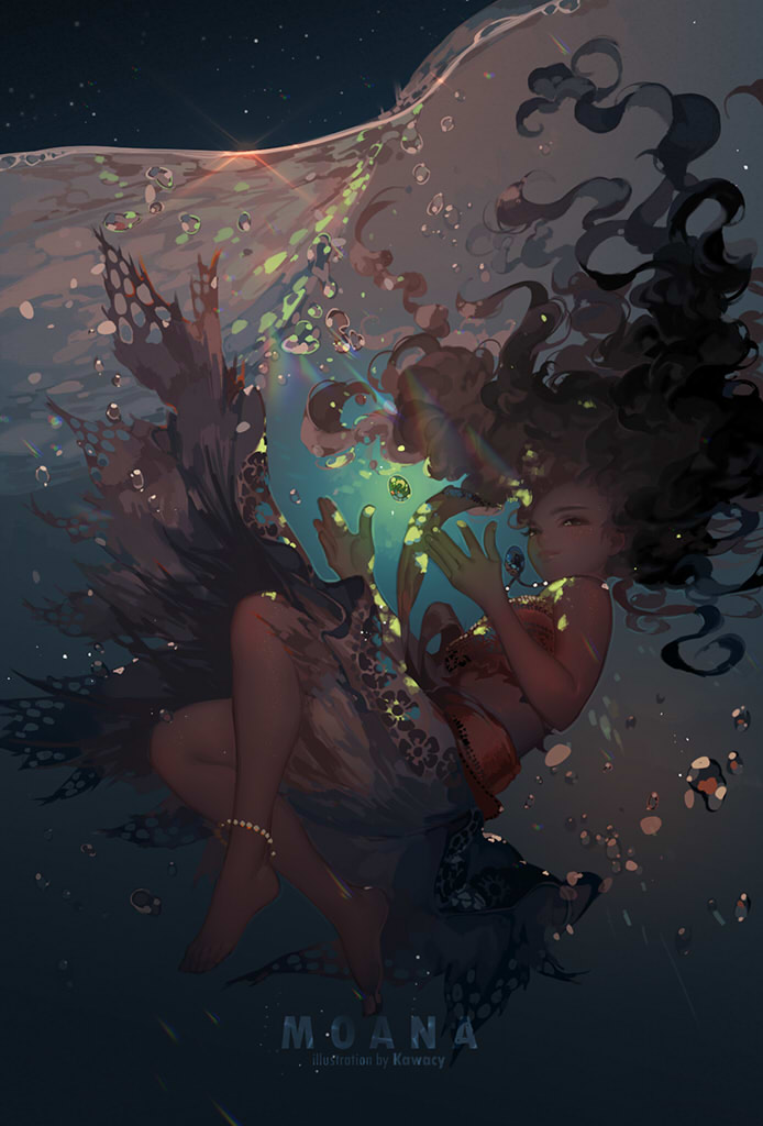 1girl air_bubble anklet barefoot black_hair bubble curly_hair dark_skin disney glowing jewelry kawacy looking_at_viewer moana_(film) moana_waialiki night night_sky sky smile solo underwater water
