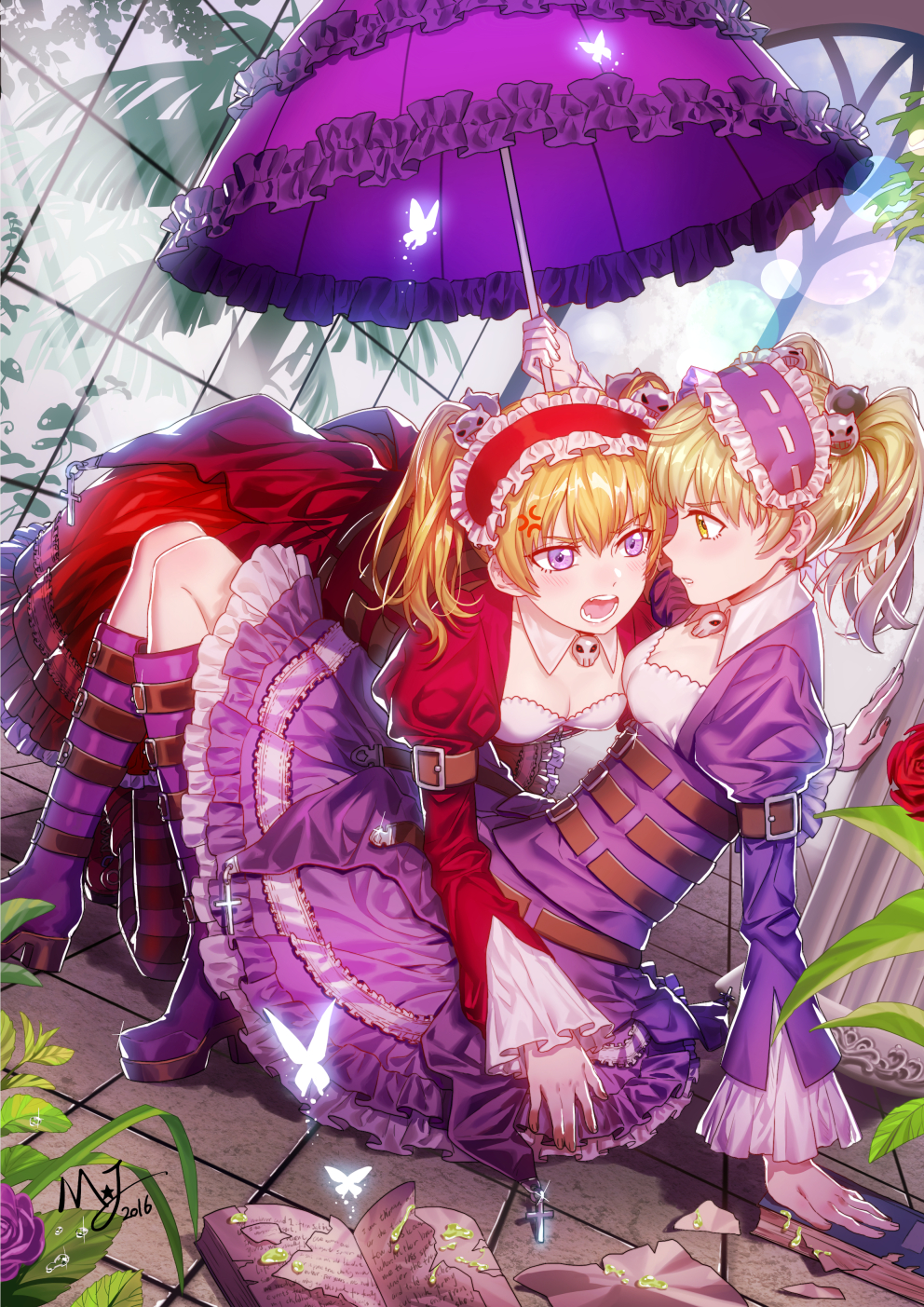 &gt;:o 2016 2girls :o all_fours anger_vein arch arm_support bangs belt belt_boots belt_buckle blonde_hair blush book boots breasts buckle butterfly character_check cleavage cross dew_drop donita dress dutch_angle eyebrows eyebrows_visible_through_hair fangs floor flower frilled_dress frills glass glint glowing_butterfly gothic_lolita green_house hair_ornament hairband high_heel_boots high_heels highres holding holding_umbrella indoors juliet_sleeves knees_up leaf lens_flare light_particles liquid lolita_fashion lolita_hairband long_sleeves looking_at_another majiang multiple_girls musaceae on_floor open_book open_mouth outstretched_arms pantyhose parasol parted_lips pillar plant profile puffy_sleeves purple_boots purple_dress purple_rose red_dress red_rose ribbon_trim rose shadow sheri siblings signature sisters sitting skull_hair_ornament small_breasts striped striped_legwear surprised tile_floor tiles torn_paper tree twintails umbrella underbust unlight vines violet_eyes water_drop wide_sleeves yellow_eyes