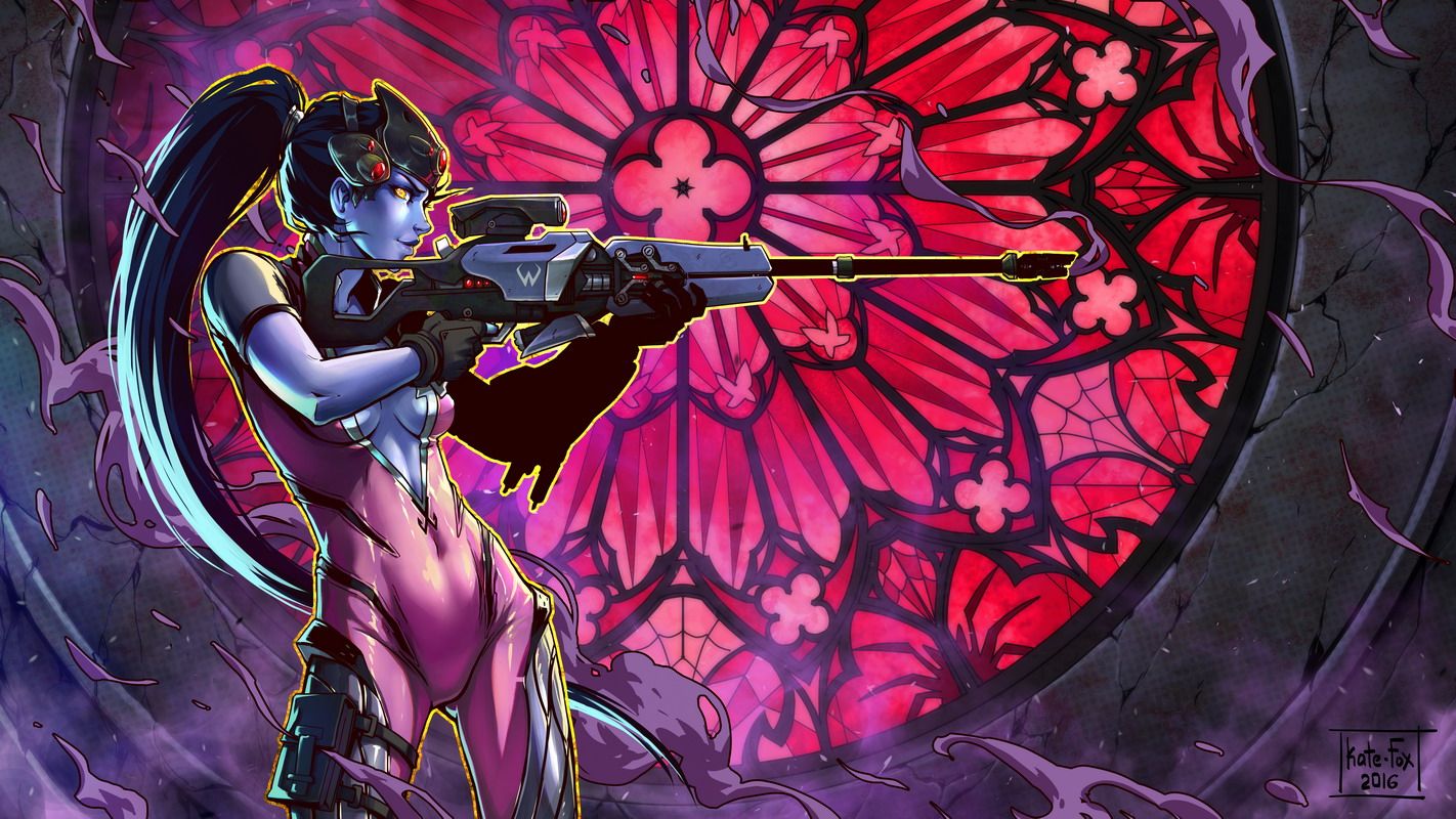 1girl 2016 aiming artist_name backlighting black_gloves bodysuit breasts center_opening cowboy_shot dated gloves gun head_mounted_display kate-fox long_hair medium_breasts outline overwatch pink_bodysuit ponytail profile purple_hair purple_skin rifle short_sleeves signature sniper_rifle solo stained_glass very_long_hair visor weapon widowmaker_(overwatch) yellow_eyes