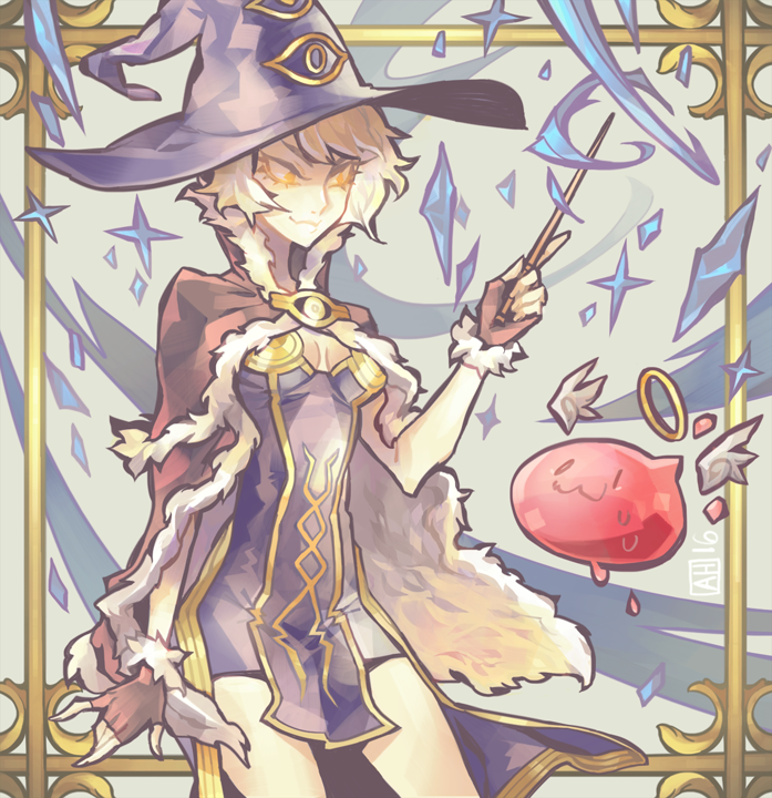 :3 angel_wings angeling arlmuffin blonde_hair border breasts breasts_apart cape cowboy_shot dress fingerless_gloves fur-trimmed_gloves fur_cape gloves glowing glowing_eyes halo hat high_wizard holding_wand looking_at_another orange_eyes purple_dress ragnarok_online red_gloves short_dress short_hair sweat wings witch_hat