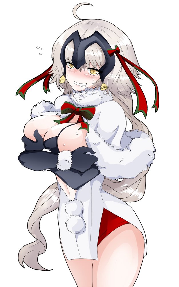 1girl bell black_gloves blonde_hair blush breasts capelet chains cosplay elbow_gloves fate/apocrypha fate/grand_order fate_(series) gloves hair_ribbon headpiece helmet jeanne_alter jeanne_alter_(santa_lily)_(fate) jeanne_alter_(santa_lily)_(fate)_(cosplay) large_breasts looking_at_viewer ribbon ririfu ruler_(fate/apocrypha) short_hair simple_background solo thigh-highs yellow_eyes