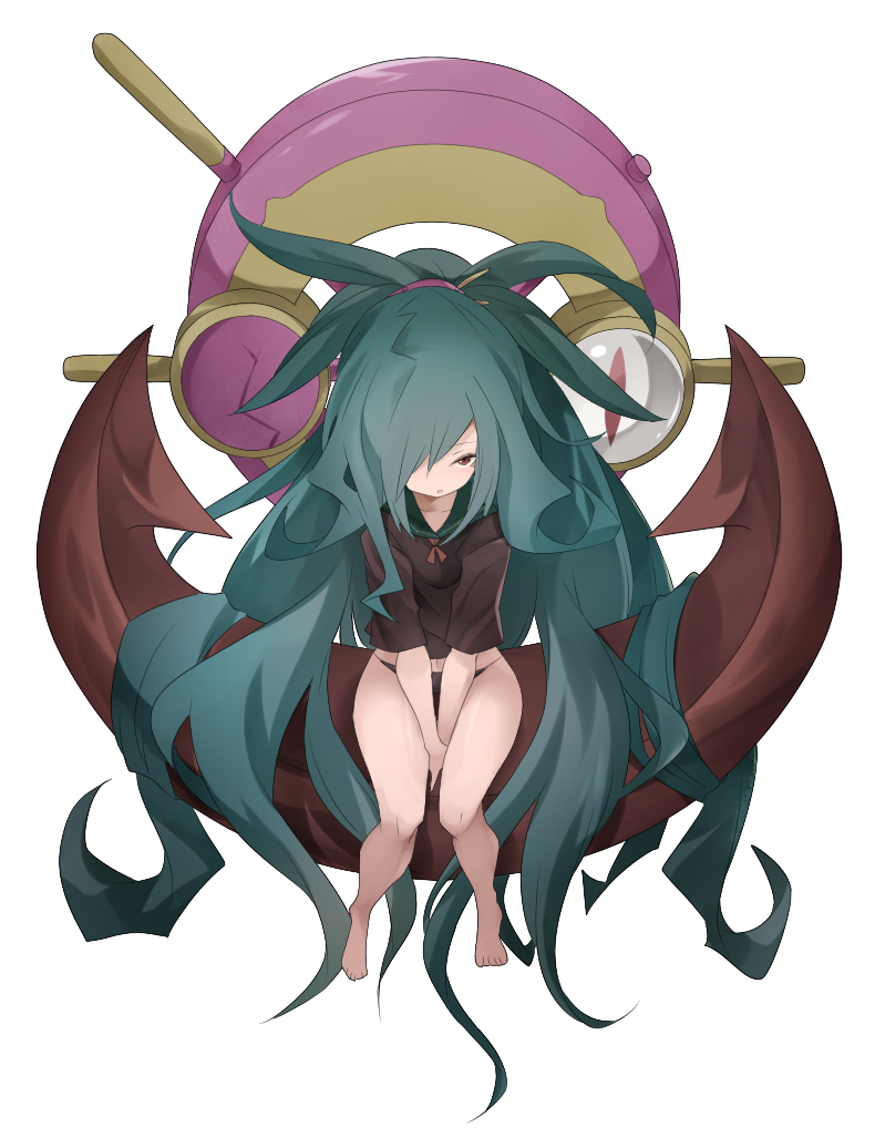 1girl :o absurdly_long_hair anchor aqua_hair artist_request bare_legs between_legs black_panties collarbone crack dhelmise from_above full_body hair_over_one_eye long_hair looking_at_viewer navel no_nose open_mouth panties personification pokemon pokemon_(game) pokemon_sm red_eyes school_uniform serafuku short_sleeves simple_background sitting solo transparent_background underwear v_arms very_long_hair