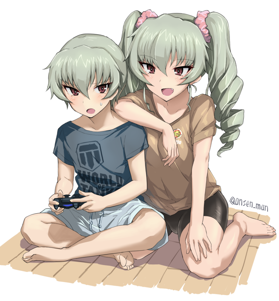 1boy 1girl alternate_costume anchovy barefoot bike_shorts brother_and_sister casual clothes_writing controller copyright_name drill_hair dualshock fang game_console game_controller gamepad girls_und_panzer green_hair hair_ornament hair_scrunchie indian_style long_hair onsen_man open_mouth original playstation playstation_4 playstation_controller red_eyes scrunchie shirt short_hair shorts siblings sitting t-shirt twin_drills twintails twitter_username world_of_tanks