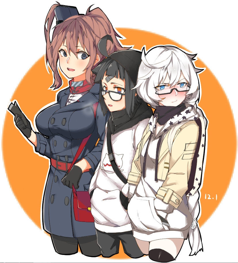 3girls ahoge alternate_costume asymmetrical_hair black_coat black_gloves black_hair blue_eyes blush breast_pocket breasts brown_hair casual character_request commentary_request embarrassed glasses gloves hair_between_eyes height_difference kantai_collection large_breasts looking_at_another multiple_girls open_mouth ponytail red_eyes red_legwear red_neckerchief remodel_(kantai_collection) saratoga_(kantai_collection) semi-rimless_glasses shinkaisei-kan side_ponytail thigh-highs white_hair wulazula