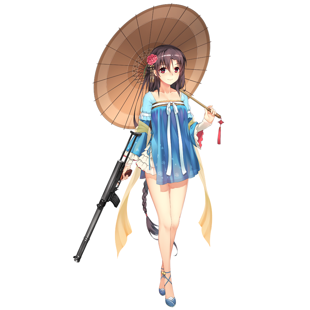 1girl artist_request braid carrying_over_shoulder full_body girls_frontline gun holding holding_gun holding_weapon long_hair long_sleeves looking_at_viewer pouch sleeveless smile solo thigh-highs transparent_background type_64_(girls_frontline) umbrella very_long_hair violet_eyes weapon