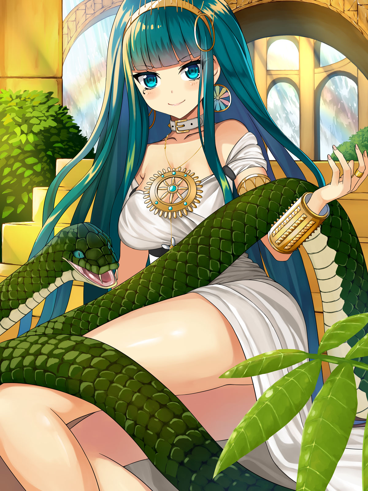 1girl alternate_costume asato_(fadeless) bare_shoulders breasts choker cleopatra_(fate/grand_order) earrings fate/grand_order fate_(series) green_eyes green_hair highres jewelry large_breasts long_hair looking_at_viewer matching_hair/eyes necklace rainbow ring smile snake solo wrist_guards