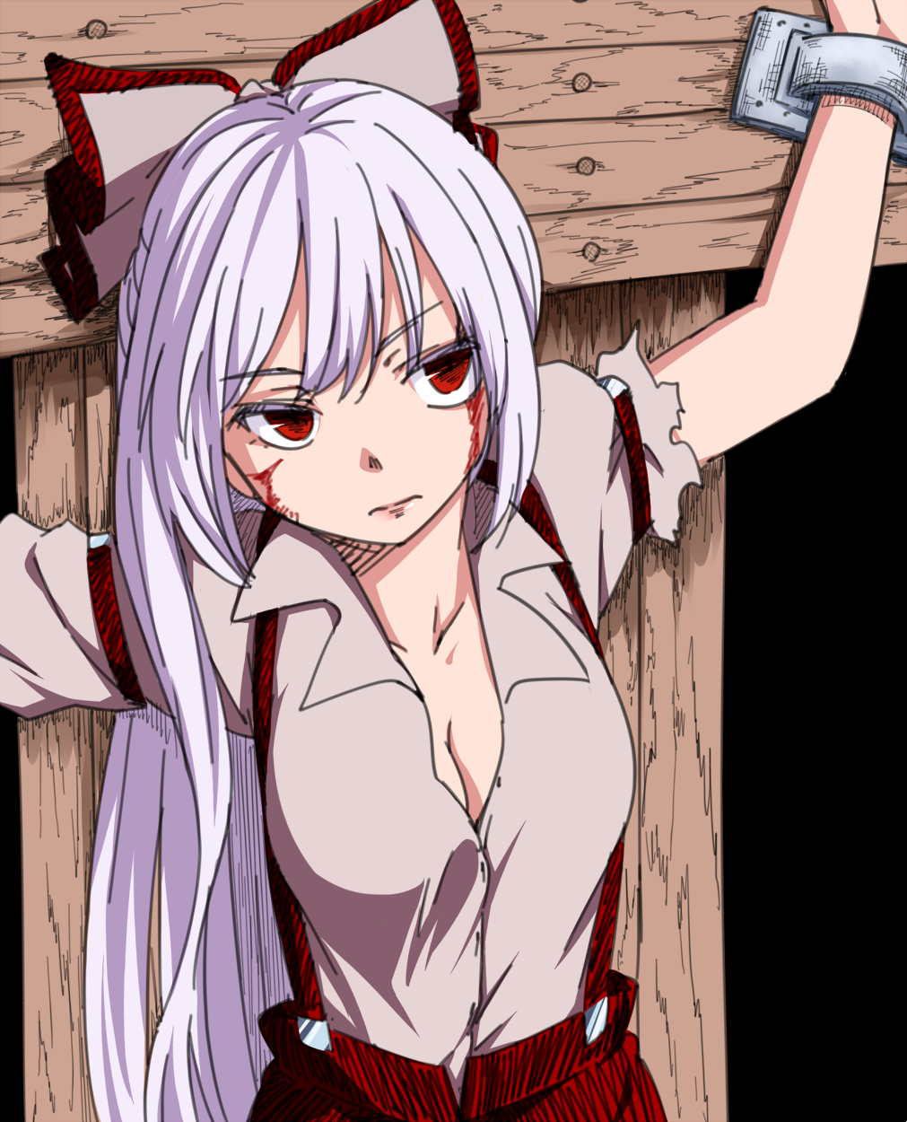 1girl blood blood_on_face bound bow breasts cleavage cross crucifixion frown fujiwara_no_mokou hair_bow hair_ribbon highres long_hair medium_breasts miyo_(ranthath) open_clothes open_shirt pants red_eyes restrained ribbon shirt stationary_restraints suspenders torn_clothes torn_sleeves touhou