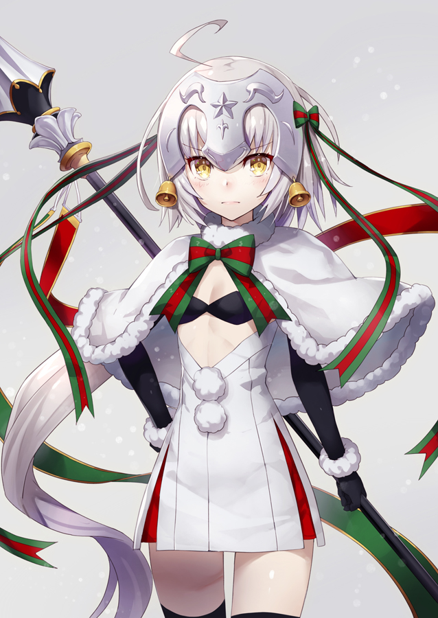 1girl ahoge bell bikini_top black_gloves black_legwear blonde_hair bow bowtie capelet cowboy_shot elbow_gloves fate/grand_order fate_(series) fur_trim gabiran gloves grey_background headpiece holding holding_weapon jeanne_alter jeanne_alter_(santa_lily)_(fate) long_hair looking_at_viewer polearm pom_pom_(clothes) ribbon ruler_(fate/apocrypha) simple_background skirt solo spear star thigh-highs very_long_hair weapon yellow_eyes