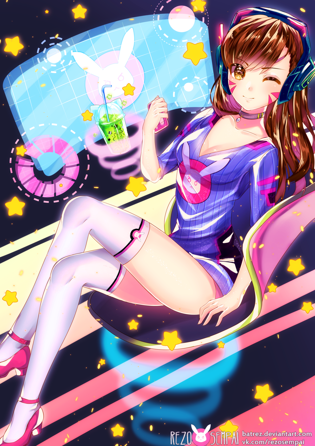 1girl ;) adapted_costume artist_name bangs breasts brown_eyes brown_hair bunny_print casual cellphone chair choker cleavage collarbone d.va_(overwatch) drink drinking_straw facepaint facial_mark headphones high_heels highres holding holographic_interface jewelry legs_crossed long_hair looking_at_viewer medium_breasts one_eye_closed overwatch pendant phone rezo-sempai science_fiction shirt short_sleeves signature sitting smartphone smile solo star swept_bangs thigh-highs v-neck watermark web_address whisker_markings white_legwear