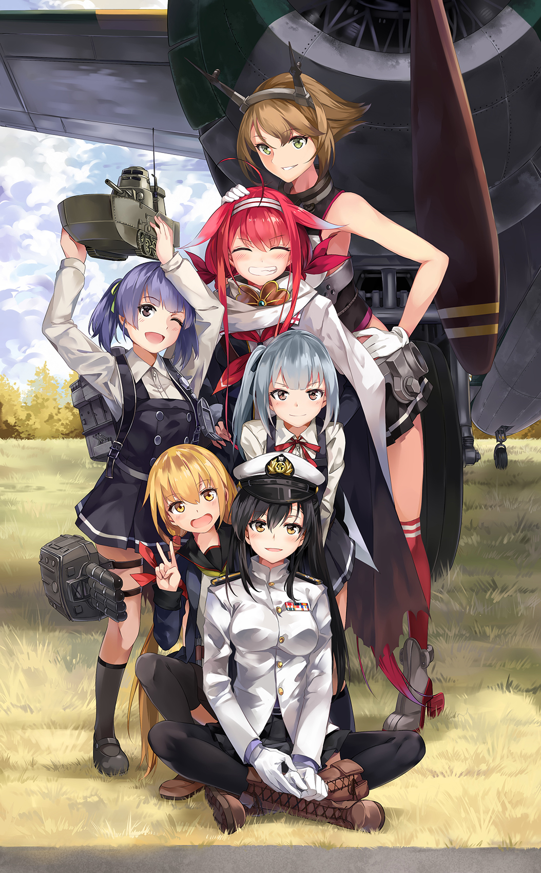 6+girls ahoge aircraft airplane armpits bare_shoulders black_hair black_legwear black_serafuku blonde_hair blouse blurry boots braid breasts brown_footwear brown_hair cannon cape closed_eyes crop_top cross-laced_footwear depth_of_field detached_sleeves dress female_admiral_(kantai_collection) flipped_hair forest grass green_eyes grin hair_between_eyes hair_flaps hairband hand_on_another's_head hand_on_hip hat height_difference highres kantai_collection kasumi_(kantai_collection) kawakaze_(kantai_collection) lace-up_boots leaning_forward light_brown_hair long_hair looking_at_viewer machinery medal medium_breasts midriff military military_uniform miniskirt multiple_girls mutsu_(kantai_collection) nature neko_(yanshoujie) ooshio_(kantai_collection) open_mouth outdoors parted_lips peaked_cap pinafore_dress pleated_skirt redhead remodel_(kantai_collection) sailor_collar satsuki_(kantai_collection) school_uniform serafuku short_hair sitting skirt sleeveless smile thigh_strap twin_braids twintails uniform v white_blouse yellow_eyes