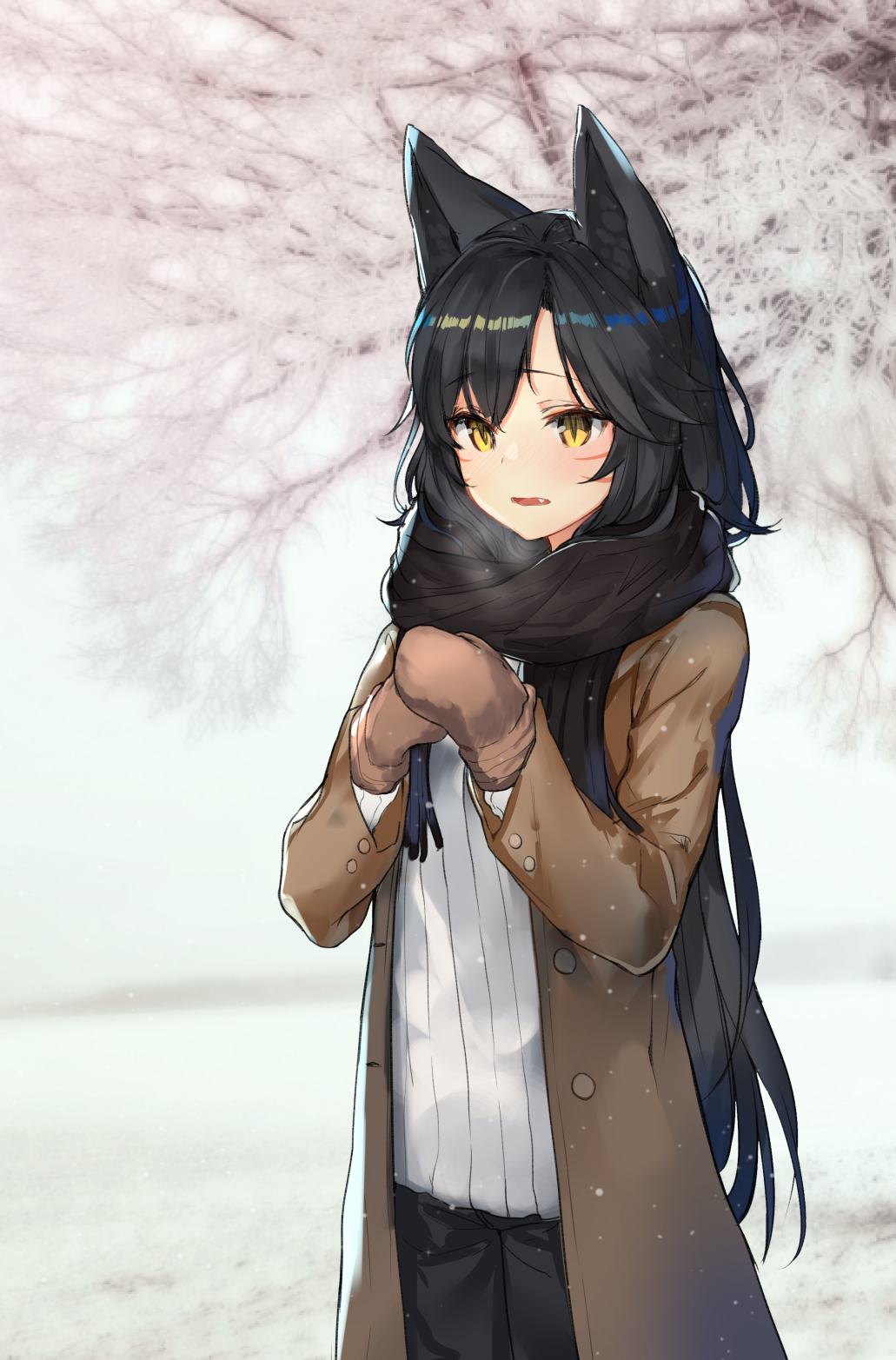 1girl ahri animal_ears ato_(haru_ato) black_hair brown_coat buttons coat cowboy_shot eyebrows eyebrows_visible_through_hair facial_mark fang hands_together highres league_of_legends long_hair mittens open_clothes open_coat outdoors pants parted_lips scarf shirt slit_pupils solo tree_branch white_shirt yellow_eyes