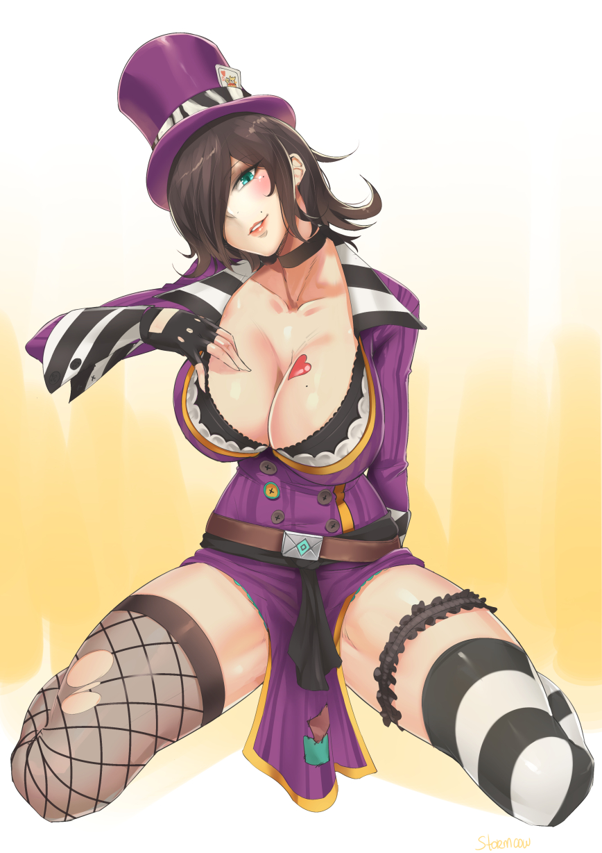 1girl belt black_bra black_gloves black_hair blue_eyes blush borderlands borderlands_2 bra breasts choker cleavage collarbone fingerless_gloves fishnet_legwear fishnets full_body gloves hair_over_one_eye hat head_tilt heart_tattoo highres kneeling large_breasts lipstick loincloth long_sleeves looking_at_viewer mad_moxxi makeup mismatched_legwear mole mole_under_eye parted_lips red_lipstick seductive_smile smile solo spread_legs stormcow striped striped_legwear tattoo thigh-highs top_hat torn_clothes torn_thighhighs underwear