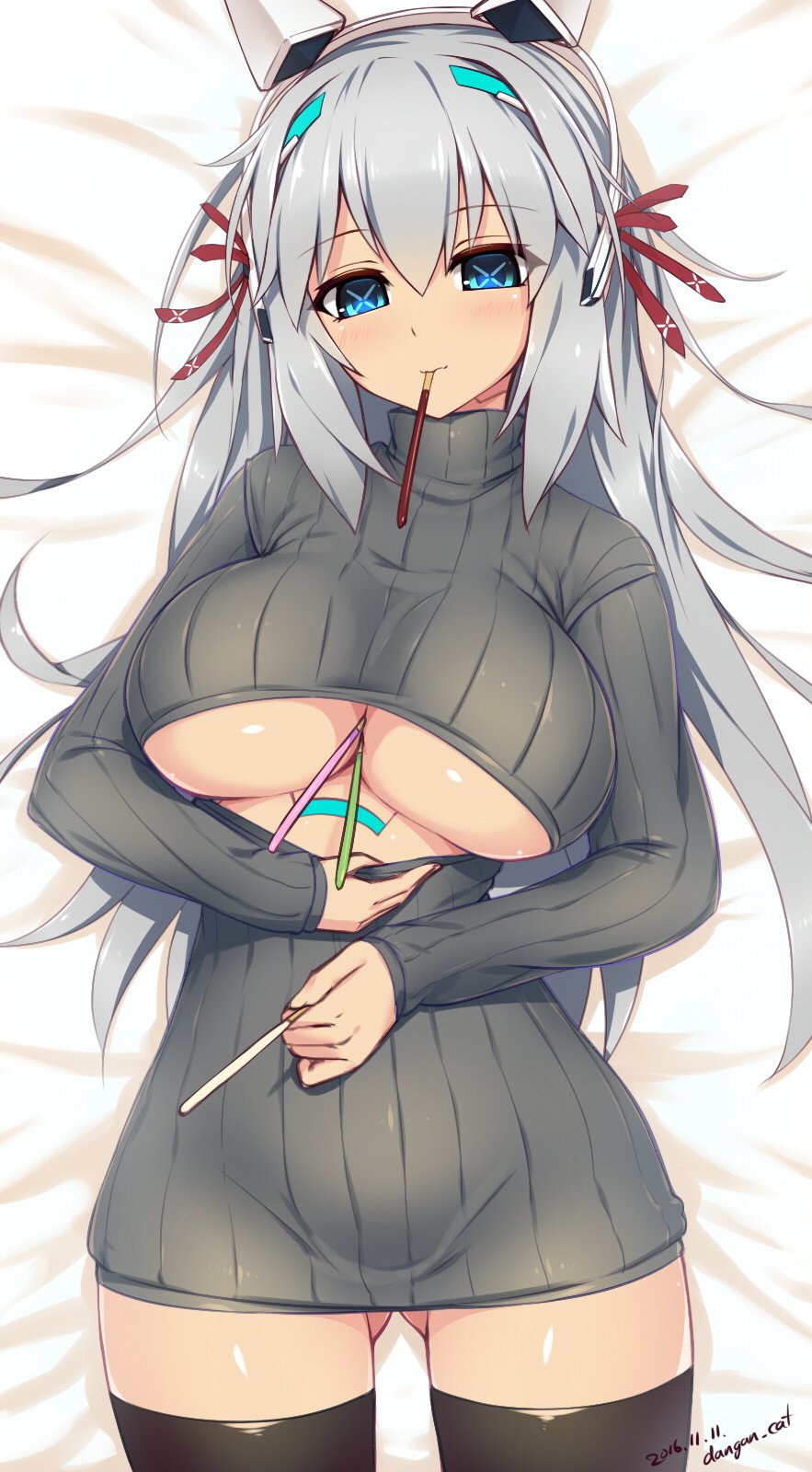 1girl android artist_name bangs bed_sheet between_breasts black_legwear blue_eyes blush breasts dangan_neko dated eyebrows eyebrows_visible_through_hair food food_between_breasts food_in_mouth gluteal_fold hair_between_eyes hair_ribbon headgear highres large_breasts long_hair looking_at_viewer lying on_back original pocky pocky_day red_ribbon ribbed_sweater ribbon russia_(dangan_neko) shirt_pull silver_hair smile solo sweater thigh-highs thighs under_boob underboob_cutout