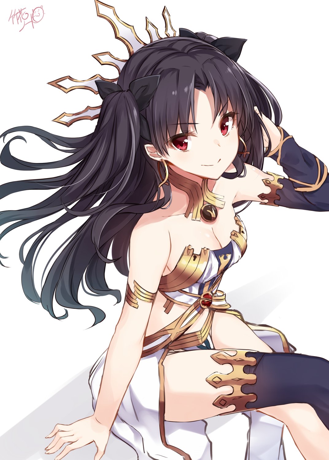 1girl adjusting_hair arm_support armlet asymmetrical_legwear bare_shoulders black_hair breasts cleavage detached_sleeves earrings fate/grand_order fate_(series) female hair_ribbon highres ishtar_(fate/grand_order) jewelry legs_crossed looking_at_viewer looking_up note_(aoiro_clip) red_eyes revealing_clothes ribbon simple_background sitting smile solo strapless tohsaka_rin two_side_up