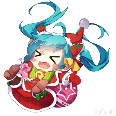 &gt;_&lt; 1girl aqua_hair bai_yemeng bell belt blush_stickers boots chibi christmas closed_eyes falling hat hatsune_miku jingle_bell long_hair lowres mittens open_mouth santa_costume santa_hat simple_background solo twintails very_long_hair vocaloid white_background