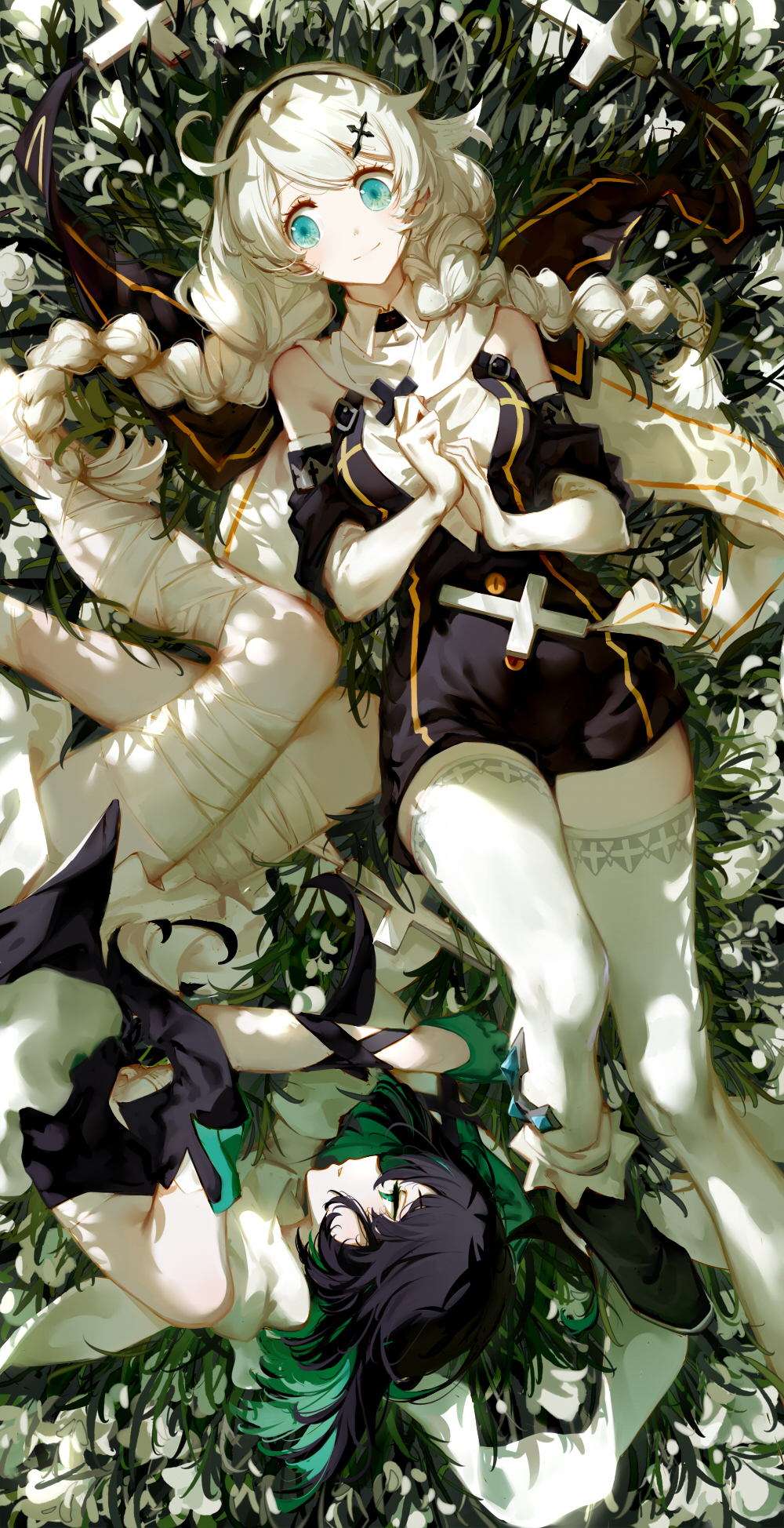 2girls bandage bare_shoulders black_hair blue_eyes cici copyright_request cross dress from_above grass green_eyes hair_ornament highres holding_cross honkai_impact looking_at_another lying multicolored_hair multiple_girls romper smile thigh-highs two-tone_hair white_hair