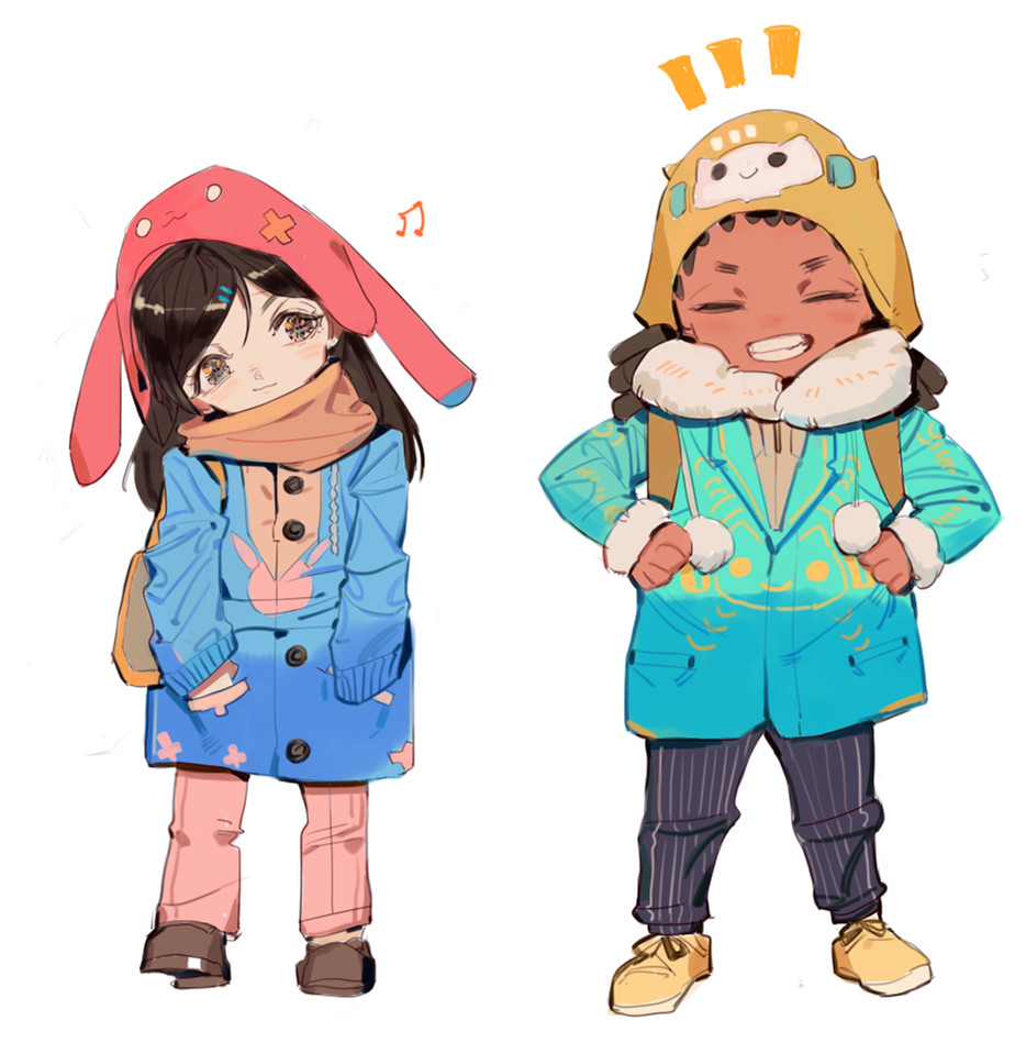 /\/\/\ 1boy 1girl 3: ^_^ animal_hat bag bangs black_eyes black_hair black_pants blush brown_hair brown_scarf brown_shoes bunny_hat bunny_print buttons cardigan cat_print character_print child closed_eyes clothes_grab coat d.va_(overwatch) dark_skin dark_skinned_male drawstring eyelashes full_body fur-lined_jacket grin hair_ornament hairclip hairlocs hands_in_pockets happy hat head_tilt legs_apart light_smile long_hair long_sleeves looking_at_viewer looking_to_the_side muyihui overwatch pants pink_pants pocket pom_pom_(clothes) print_hat shoes shoulder_bag simple_background sleeves_past_wrists smile standing swept_bangs white_background winter_clothes yellow_shoes younger