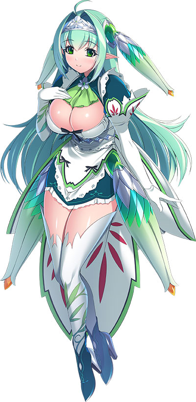 1girl blush brave_sword_x_blaze_soul breasts cleavage dress elbow_gloves full_body gloves green_eyes green_hair hair_ornament hand_on_own_chest large_breasts long_hair matching_hair/eyes mel/a pointy_ears short_dress simple_background smile solo thigh-highs white_background zettai_ryouiki