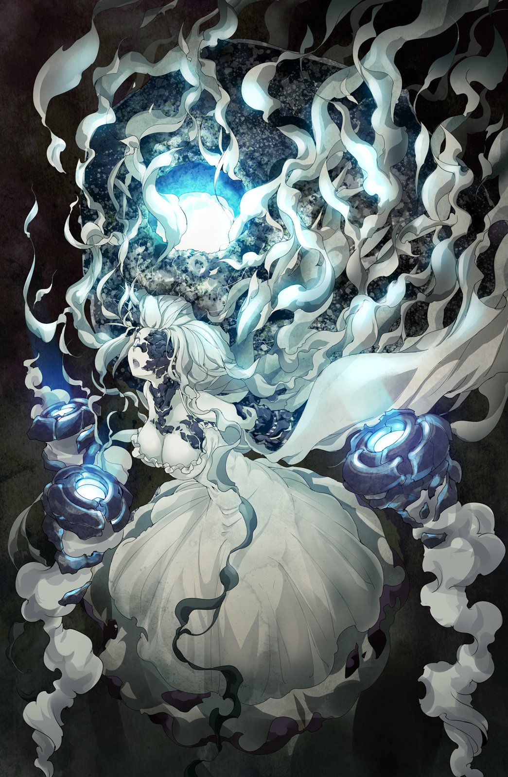 1girl abyssal_jellyfish_hime aka_ringo breasts cleavage collar commentary_request dark_background dress floating floating_hair glowing grey_eyes hat highres kantai_collection large_breasts long_hair long_sleeves off_shoulder one_eye_covered open_mouth outstretched_arms shinkaisei-kan solo spread_arms strapless strapless_dress underwater white_hair wide_sleeves