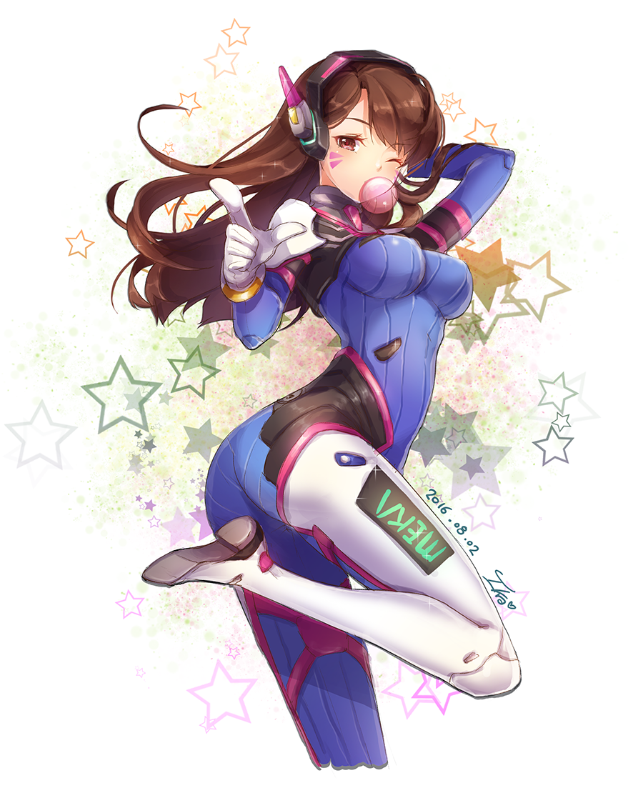1girl 2016 acronym arm_up artist_name ass bangs bodysuit boots bracer breasts brown_eyes brown_hair bubble_blowing bubblegum cowboy_shot d.va_(overwatch) dated facepaint facial_mark flat_ass from_side gloves gum hand_behind_head hand_up headphones leg_up long_hair long_sleeves medium_breasts one_eye_closed overwatch pauldrons pilot_suit ribbed_bodysuit shoulder_pads signature skin_tight solo standing standing_on_one_leg star starry_background thigh-highs thigh_boots thigh_strap turtleneck whisker_markings white_boots white_gloves