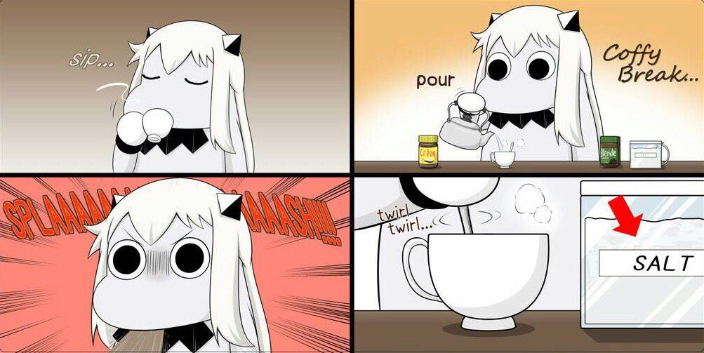 (o)_(o) 4koma closed_eyes coffee coffee_cup collar comic commentary_request drinking engrish horns kantai_collection kettle long_hair looking_at_viewer mittens moomin moomintroll muppo northern_ocean_hime pouring ranguage salt sazanami_konami spit_take spitting spoon stirring white_hair