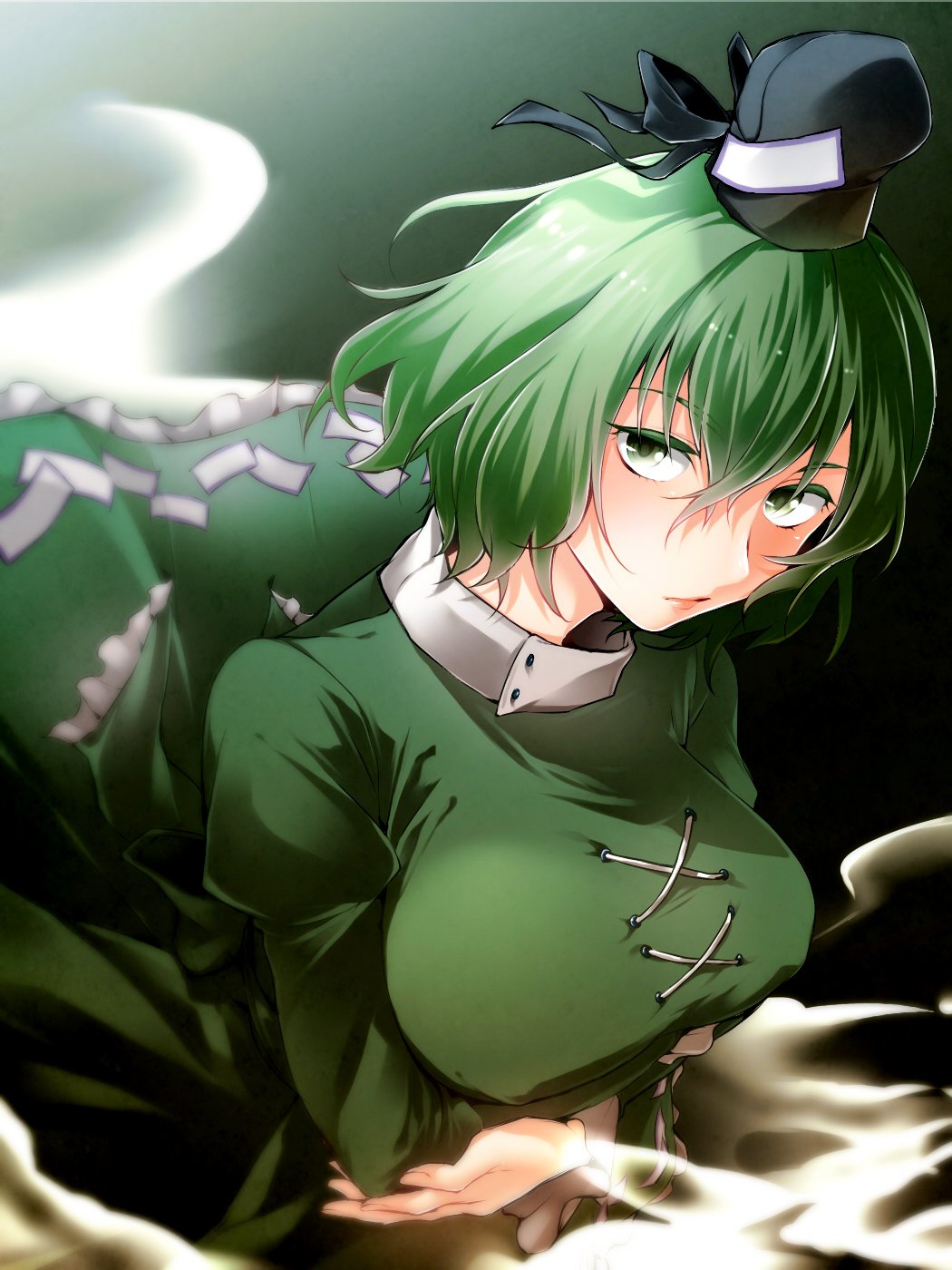 1girl black_hat black_ribbon breast_rest breasts buttons closed_mouth colored_eyelashes cross-laced_clothes crossed_arms dress erect_nipples eyebrows_visible_through_hair eyelashes fingernails frilled_skirt frills ghost_tail green_dress green_eyes green_hair hair_between_eyes hat hat_ribbon high_collar highres japanese_clothes juliet_sleeves large_breasts lips long_fingernails long_sleeves looking_at_viewer matching_hair/eyes nooca ofuda pink_lips puffy_long_sleeves puffy_sleeves ribbon sash short_hair skirt smile soga_no_tojiko solo tate_eboshi touhou