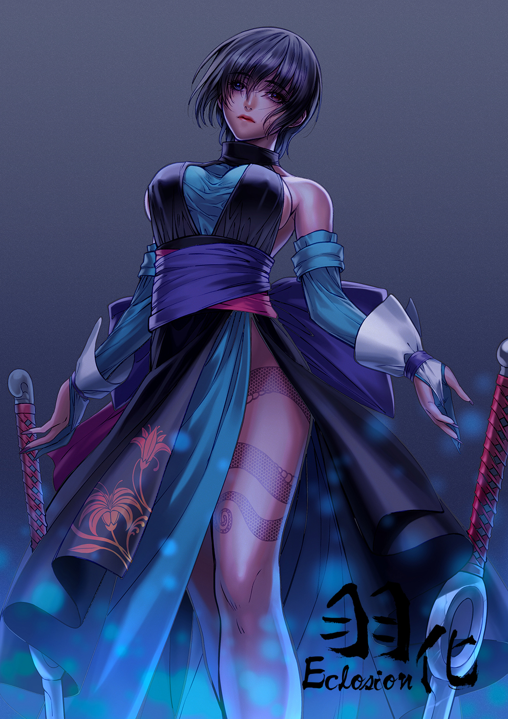 1girl black_eyes black_hair breasts detached_sleeves eclosion highres large_breasts looking_at_viewer samurai_spirits sharp_nails shiki_(samurai_spirits) short_hair sideboob solo sword weapon