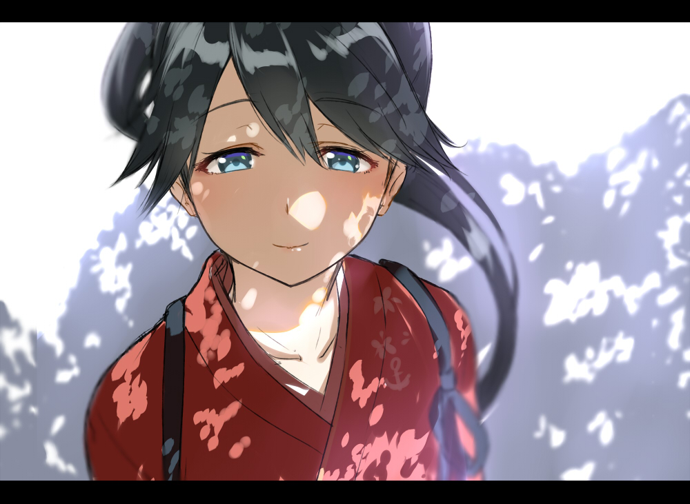 1girl arms_at_sides blue_eyes blue_hair from_above hair_between_eyes hakama houshou_(kantai_collection) isshiki_(ffmania7) japanese_clothes kantai_collection lens_flare light_smile lips long_hair looking_at_viewer ponytail portrait tree under_tree