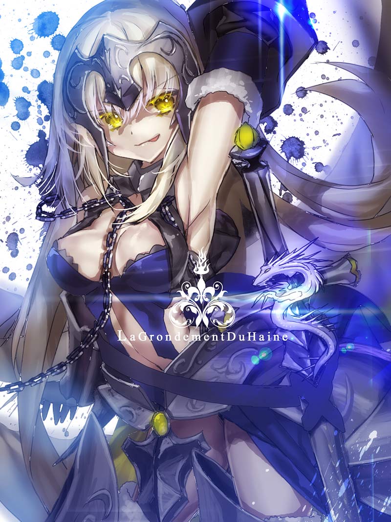 1girl armor armpits black_legwear blonde_hair breasts brown_hair chains cleavage fate/apocrypha fate/grand_order fate_(series) gauntlets gloves hayata_aya headpiece jeanne_alter long_hair looking_at_viewer ruler_(fate/apocrypha) smile solo thigh-highs weapon yellow_eyes