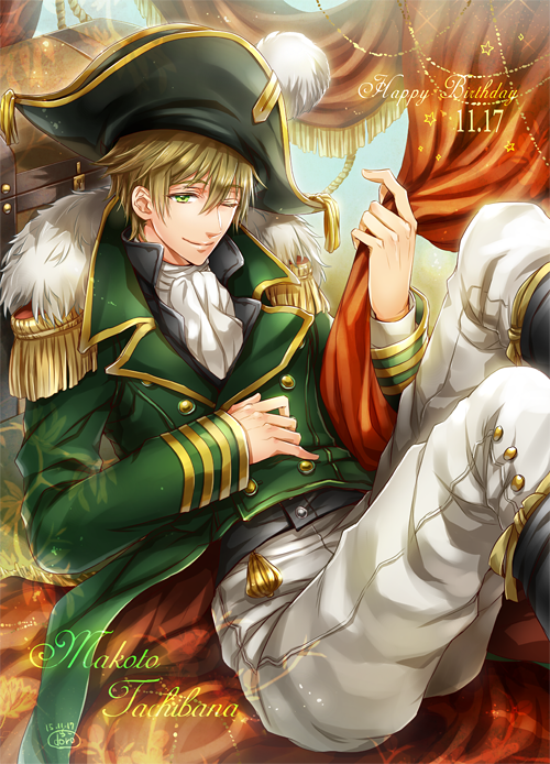 1boy 2016 artist_name boots character_name cravat curtains dated dr. epaulettes free! green_eyes green_hair hair_between_eyes hand_on_own_stomach happy_birthday hat knee_boots male_focus matching_hair/eyes one_eye_closed pants pirate pirate_hat signature sitting smile solo tachibana_makoto treasure_chest white_pants