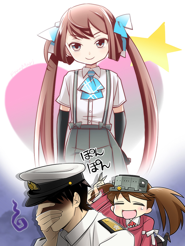 admiral_(kantai_collection) afterimage asagumo_(kantai_collection) ascot black_gloves blue_eyes brown_hair closed_eyes elbow_gloves facepalm gloves hair_ribbon hat japanese_clothes kantai_collection kariginu leg_up magatama military military_hat military_uniform motion_lines open_mouth pleated_skirt primary_stage ribbon ryuujou_(kantai_collection) shaded_face skirt smile star suspenders sweatdrop twintails uniform visor_cap