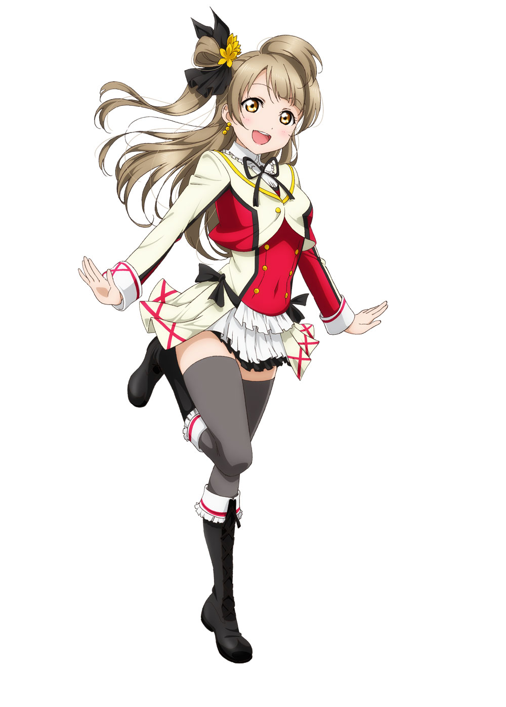 1girl blonde_hair blush boots bow bowtie brown_eyes earrings frills full_body grey_legwear hair_bun highres jacket jewelry knee_boots leg_up long_hair looking_at_viewer love_live! love_live!_school_idol_festival love_live!_school_idol_project minami_kotori open_mouth simple_background smile standing thigh-highs white_background zettai_ryouiki