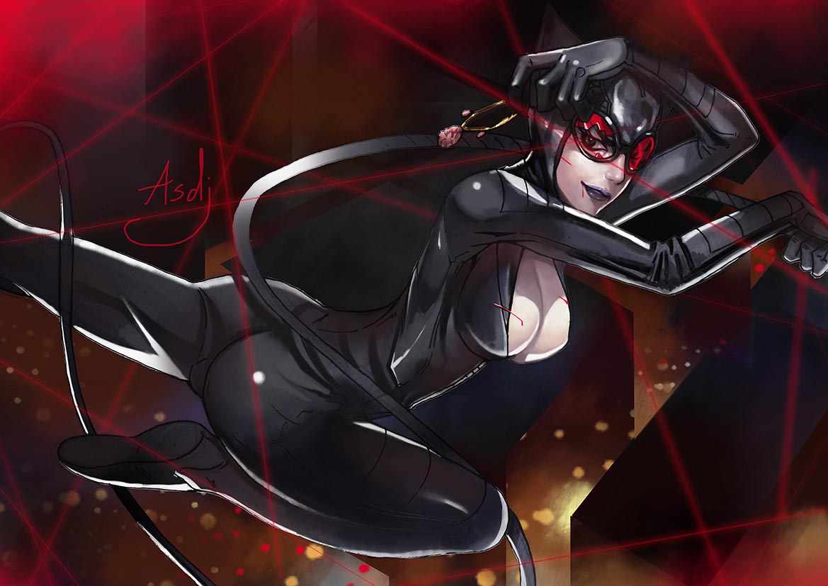 1girl animal_ears artist_name asdj ass batman_(series) bodysuit breasts cat_ears catwoman cleavage dc_comics fake_animal_ears goggles large_breasts lipstick makeup purple_lipstick selina_kyle solo whip
