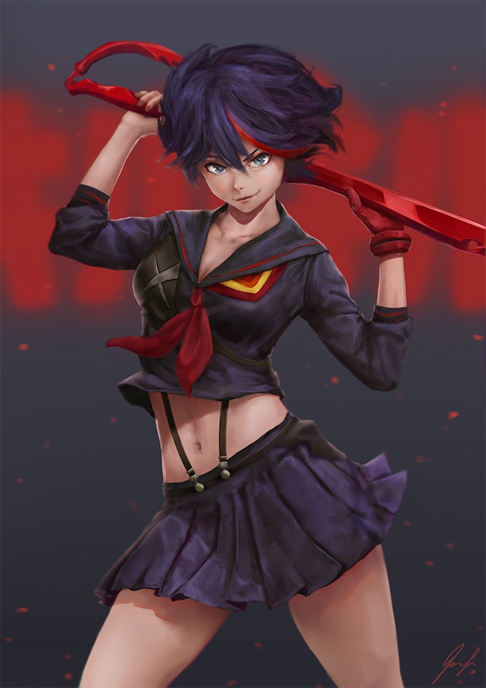 1girl black_hair black_serafuku black_skirt blue_eyes breasts cleavage closed_mouth collarbone contrapposto gloves glowing holding holding_sword holding_weapon isaac_liew kill_la_kill legs_apart long_sleeves looking_at_viewer matoi_ryuuko medium_breasts multicolored_hair navel neckerchief pose red_gloves red_lips redhead school_uniform scissor_blade senketsu serafuku serious short_hair signature single_glove skirt solo stomach streaked_hair suspender_skirt suspenders sword weapon