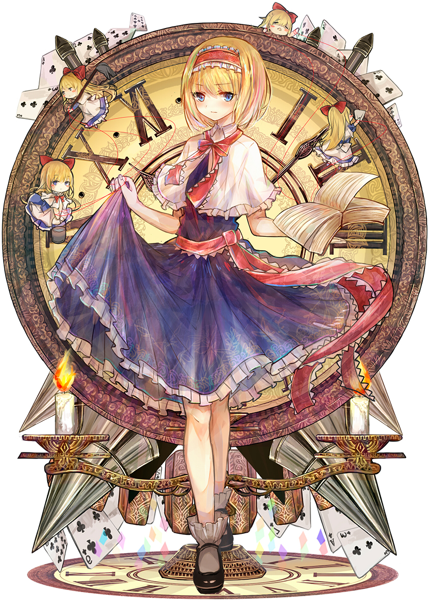 1girl alice_margatroid bai_qi-qsr blonde_hair blue_dress blue_eyes blush book broom bucket candelabra candle capelet card clock collared_shirt doll dress dress_lift frilled_dress frills hair_ribbon hairband hands_up highres holding holding_book holding_dress looking_at_viewer mop open_book playing_card red_ribbon red_string ribbon roman_numerals shirt shoes short_hair simple_background skirt skirt_lift solo standing string touhou white_background wiping