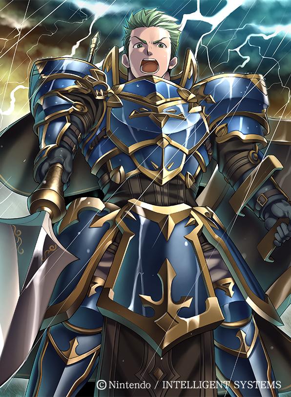 1boy armor armored_boots boots clouds cloudy_sky company_name draug_(fire_emblem) electricity fire_emblem fire_emblem:_mystery_of_the_emblem fire_emblem_cipher gloves green_eyes green_hair homa_kura male_focus matching_hair/eyes official_art open_mouth polearm rain shield sky solo spear teeth weapon