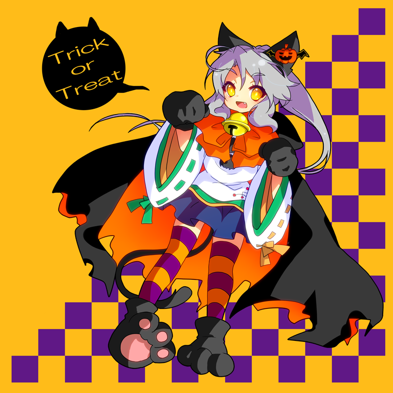 1girl :d alternate_headwear animal_ears bell blue_skirt cat_ears cat_feet cat_paws cat_tail checkered checkered_background eyebrows_visible_through_hair fang grey_hair halloween halloween_costume jack-o'-lantern_hair_ornament japanese_clothes kamome kariginu long_hair long_sleeves looking_at_viewer mononobe_no_futo no_hat no_headwear open_mouth paw_pose paws pom_pom_(clothes) ponytail ribbon-trimmed_sleeves ribbon_trim simple_background skirt smile solo speech_bubble striped striped_legwear tail thigh-highs touhou trick_or_treat wide_sleeves yellow_eyes zettai_ryouiki