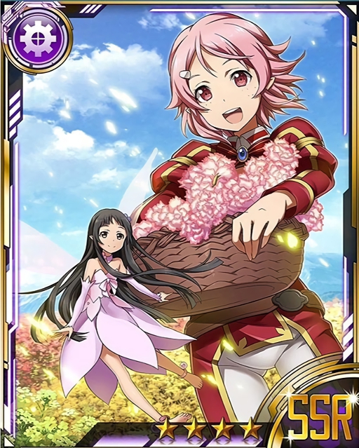 2girls anklet black_eyes black_hair card_(medium) detached_sleeves dress dutch_angle hair_ornament hairclip jewelry lisbeth_(sao-alo) long_hair looking_at_viewer multiple_girls open_mouth outdoors pink_dress pink_eyes pink_flower pink_hair pointy_ears short_hair smile star strapless strapless_dress sword_art_online yui_(sao-alo)