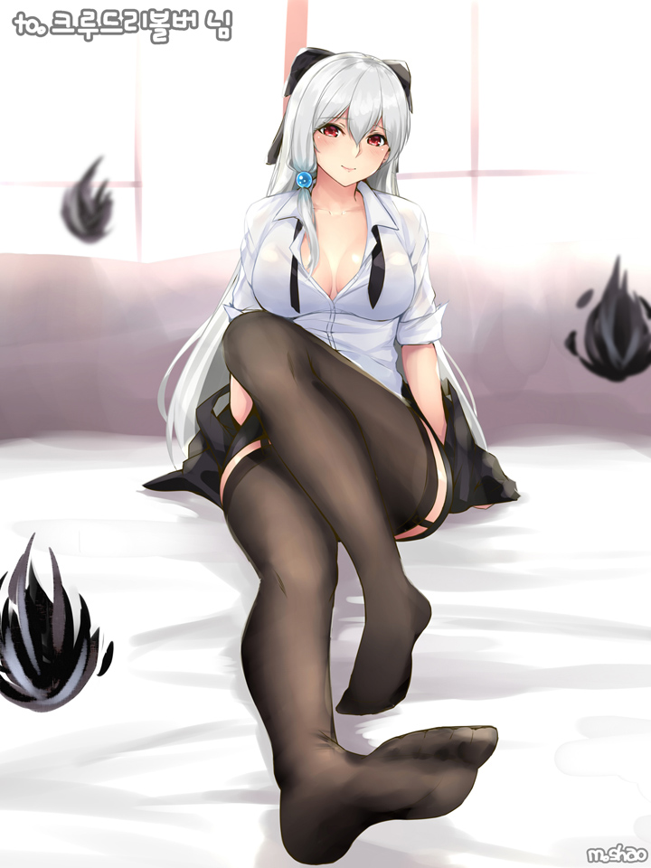 1girl bangs black_bow black_fire black_legwear blush bow breasts cleavage closed_mouth collarbone dress_shirt dungeon_and_fighter feet fire foreshortening garter_straps hair_between_eyes hair_bow hair_ornament jacket jacket_removed large_breasts long_hair looking_at_viewer no_shoes red_eyes shaojiang shirt silver_hair sitting sleeves_rolled_up smile solo thigh-highs untied white_shirt