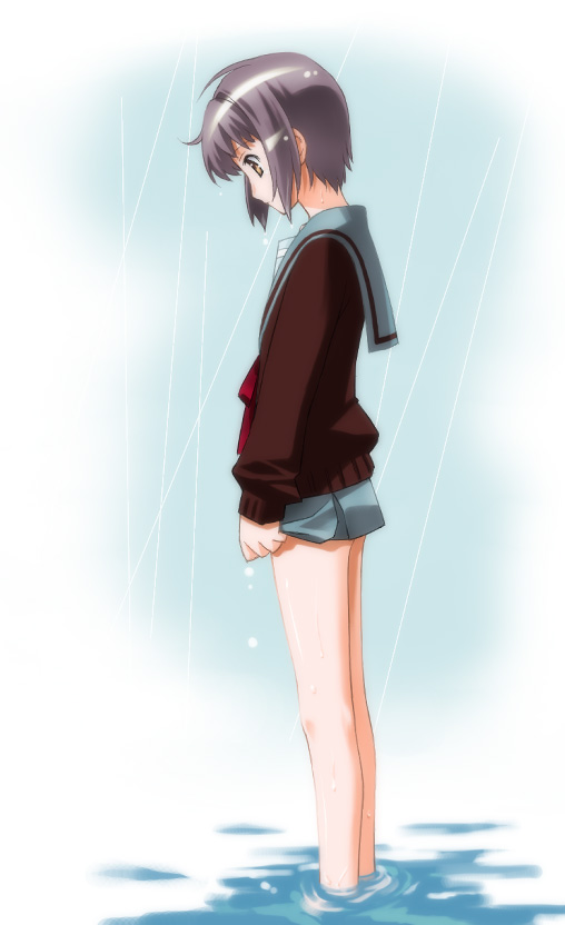 nagato_yuki rain school_uniform serafuku short_hair suzumiya_haruhi_no_yuuutsu umekichi wading water