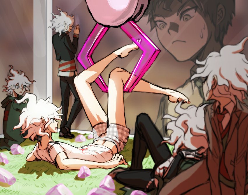 6+boys arm_support boxers brown_hair coat crane_game dangan_ronpa dangan_ronpa_3 glass grass hinata_hajime jacket komaeda_nagito legs_up looking_down looking_up male_focus messy_hair miniboy multiple_boys multiple_persona necktie open_clothes open_coat open_jacket open_mouth red_necktie school_uniform servant_(dangan_ronpa) shirt short_sleeves striped striped_shirt super_dangan_ronpa_2 sweat t-shirt underwear white_hair yandr4hope zettai_zetsubou_shoujo