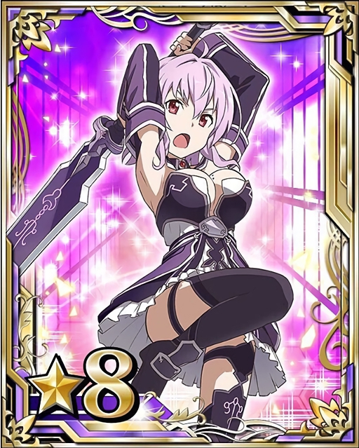 1girl armpits arms_up black_boots boots breasts card_(medium) cleavage detached_sleeves holding holding_sword holding_weapon looking_at_viewer medium_breasts mole mole_on_breast one_leg_raised open_mouth purple_hair red_eyes short_hair solo strea sword sword_art_online thigh-highs thigh_boots weapon