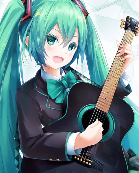 blush green_eyes green_hair guitar hatsune_miku long_hair seifuku smile twintails vocaloid