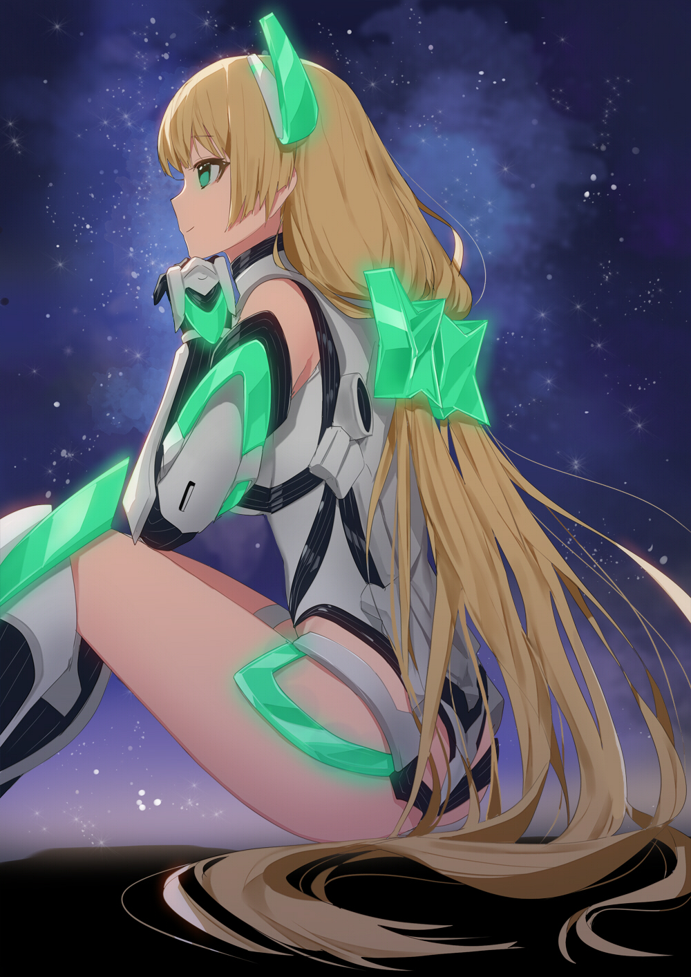 1girl angela_balzac bangs bare_shoulders blonde_hair blue_eyes blurry_background breasts closed_mouth elbow_gloves eyebrows_visible_through_hair eyelashes gloves glowing green_eyes headgear highres knees_up leotard long_hair looking_away low_twintails profile rakuen_tsuihou ronopu sitting smile solo star_(sky) thigh_strap twintails very_long_hair