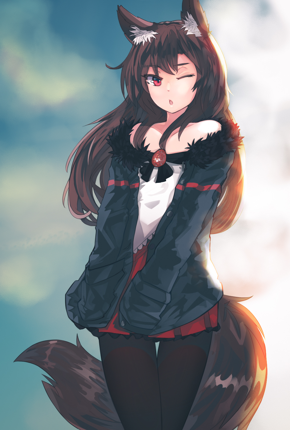 1girl adapted_costume animal_ears bare_shoulders black_legwear blouse brown_hair casual ehrrr fur_trim highres imaizumi_kagerou long_hair miniskirt off_shoulder one_eye_closed open_mouth pantyhose red_eyes red_skirt skirt solo tail touhou white_blouse wolf_ears wolf_tail