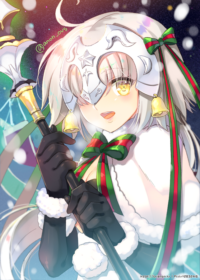 :d ahoge bangs black_gloves blush breasts capelet cleavage elbow_gloves eyebrows_visible_through_hair fate/grand_order fate_(series) fur_trim gloves green_ribbon hair_ribbon headpiece holding holding_weapon jeanne_alter jeanne_alter_(santa_lily)_(fate) lance long_hair looking_at_viewer open_mouth polearm red_ribbon ribbon ruler_(fate/apocrypha) silver_hair small_breasts smile snow striped striped_ribbon teeth trianon twitter_username watermark weapon web_address