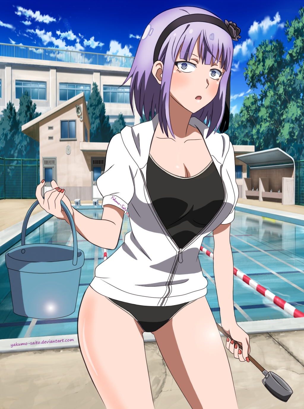 1girl blue_eyes breasts cleavage dagashi_kashi hair_ornament hairband highres jacket large_breasts looking_at_viewer open_mouth purple_hair shidare_hotaru short_hair solo swimsuit